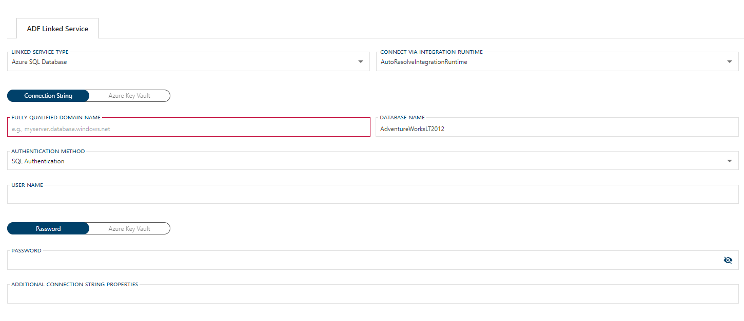 Azure SQL Database Linked Service Form