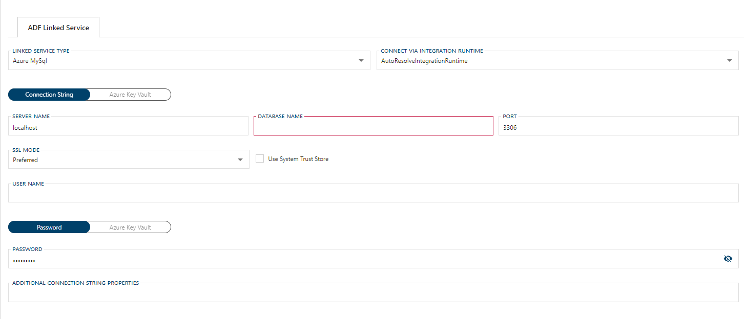 Azure MySQL Linked Service Form