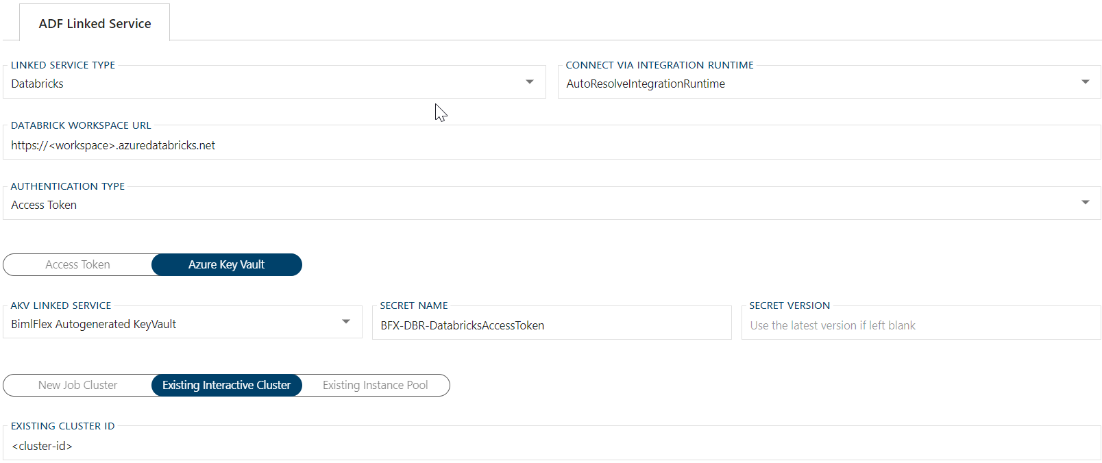 Databricks Linked Service Form