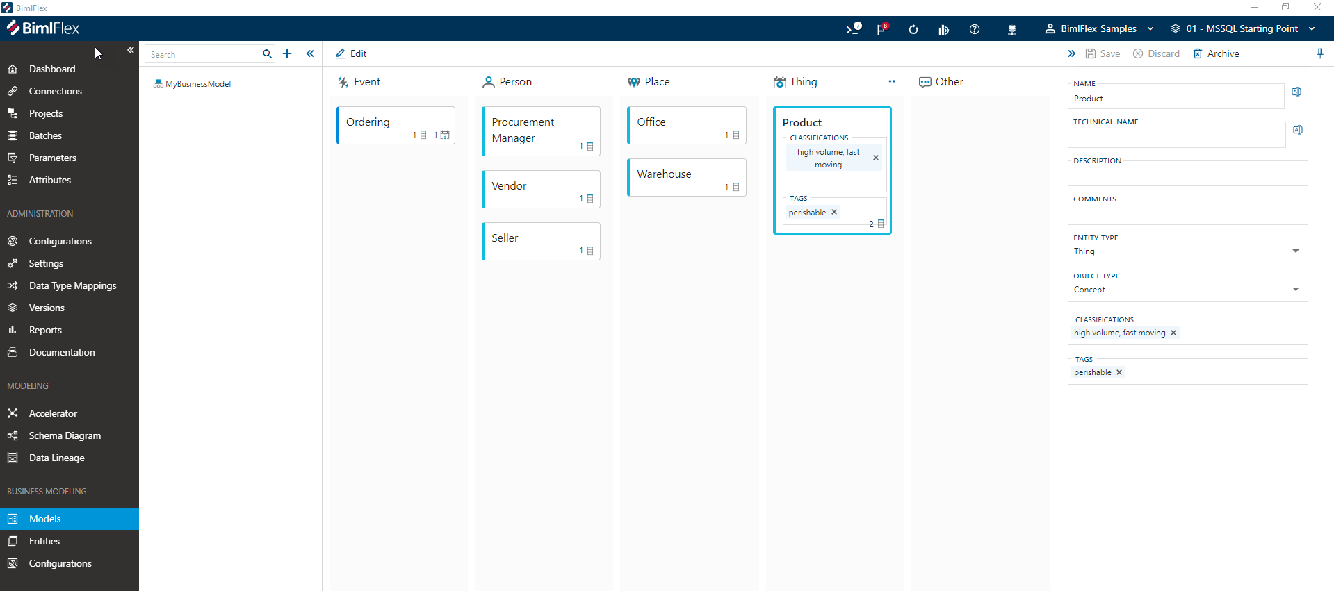 Editing a Business Entity in the side panel