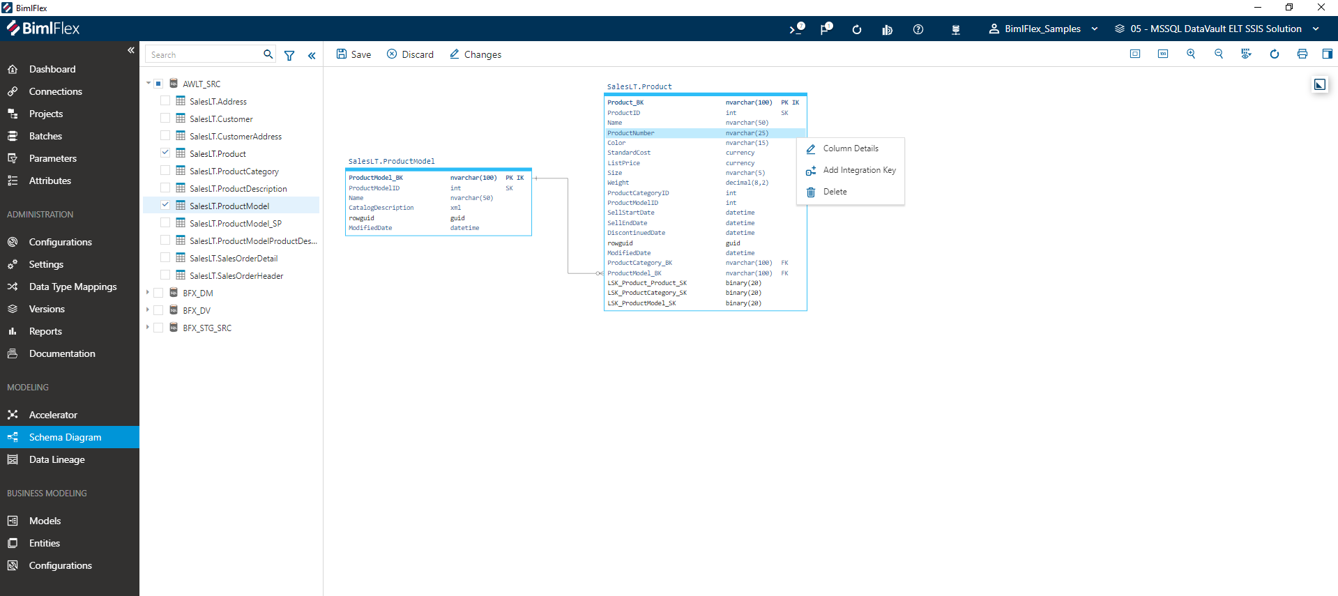 Column Actions in the Schema Diagram Designer