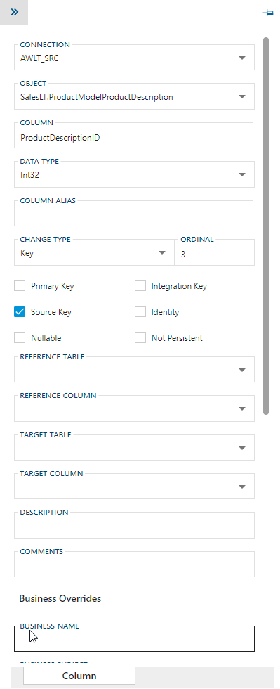 Column Editor Side Panel