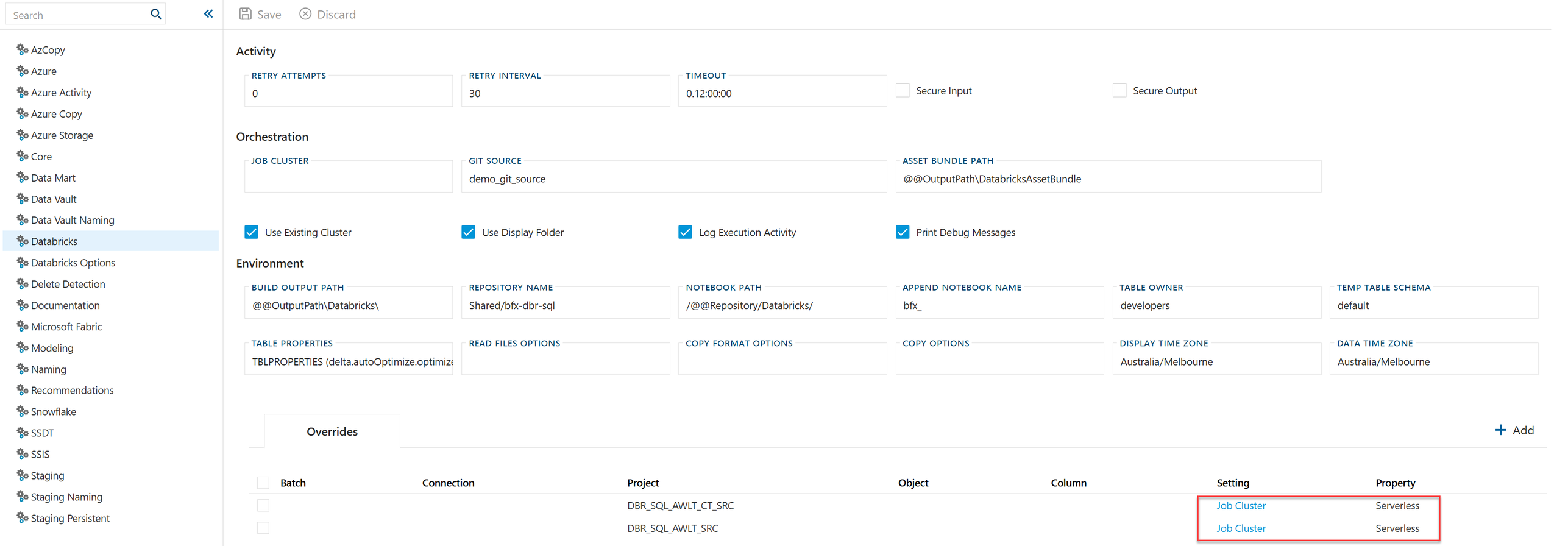 Databricks settings page showing per-project Job Cluster overrides set to Serverless