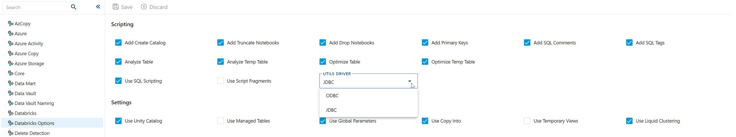 Databricks Options page showing the Utils Driver dropdown set to JDBC