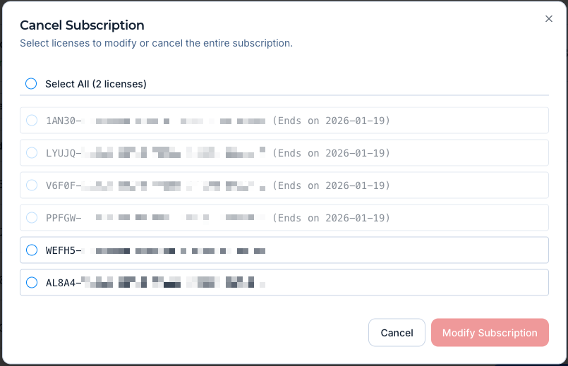 License Cancellation Menu