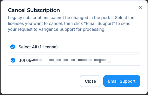 Legacy License Cancellation Dialog