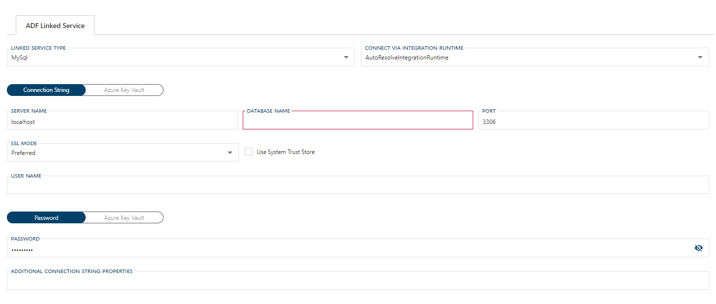 MySQL Linked Service Form