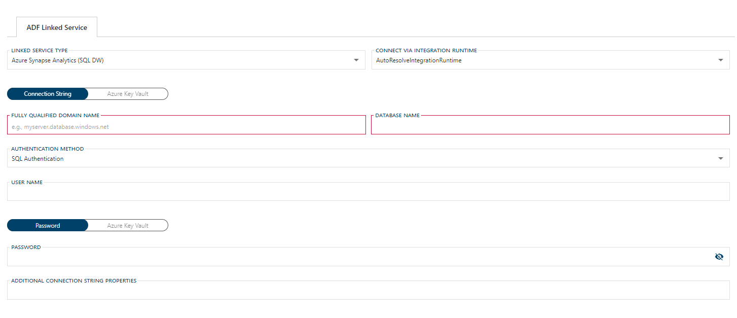 Azure SQL Data Warehouse Linked Service Form