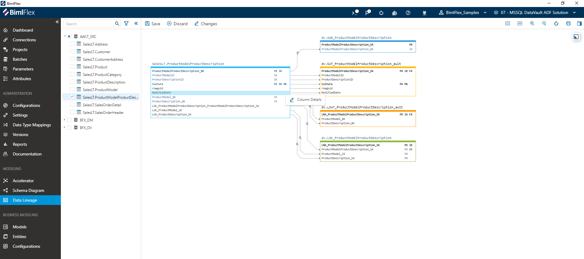 Column Actions in the Data Lineage Designer