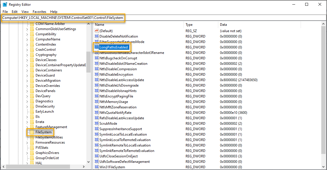 Enable Long File Paths in Registry Editor Step 1